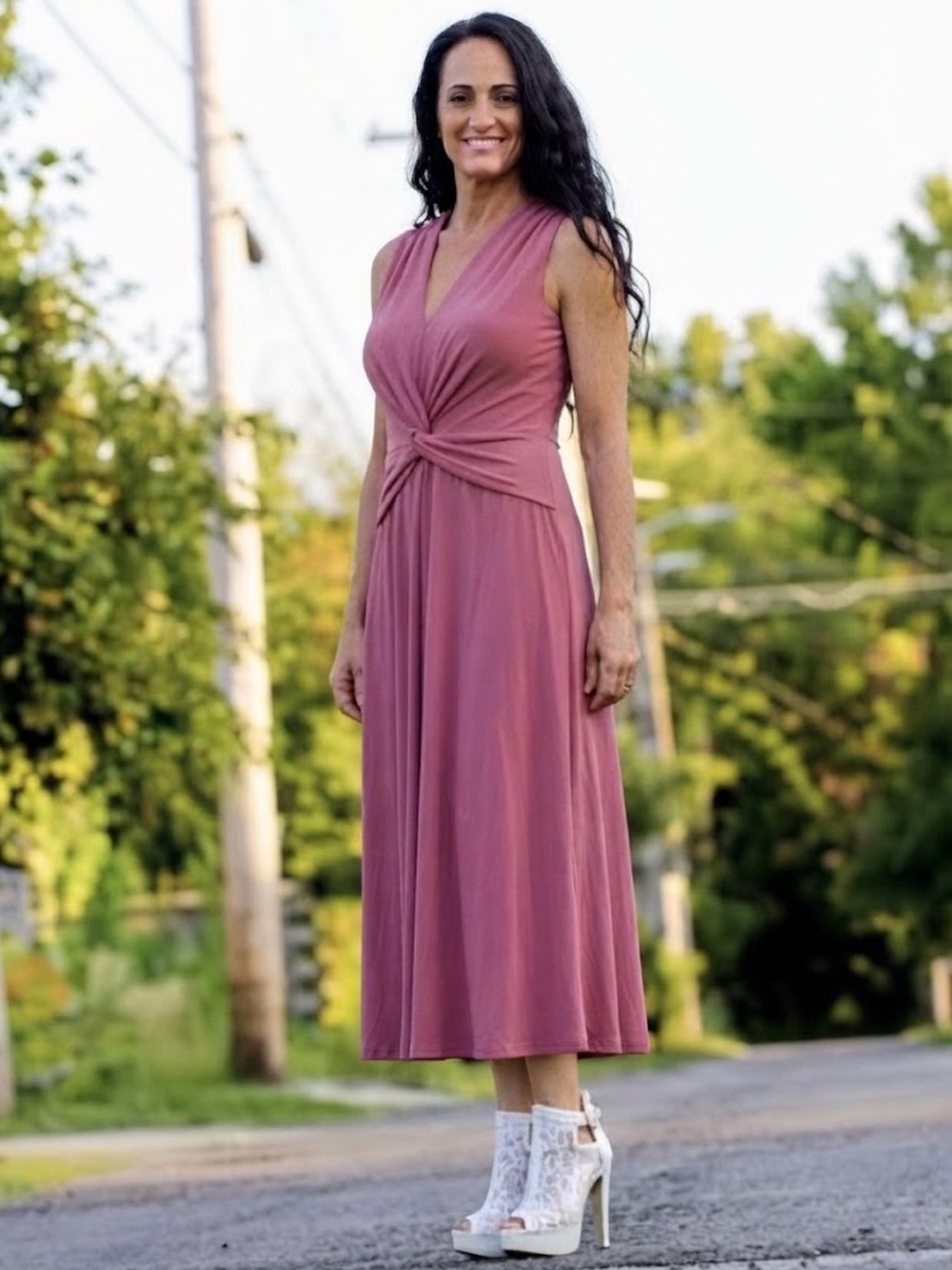 NWT White House Black Market Twist Waist Midi Dress-Carmine Pink Sizes 8,12,14